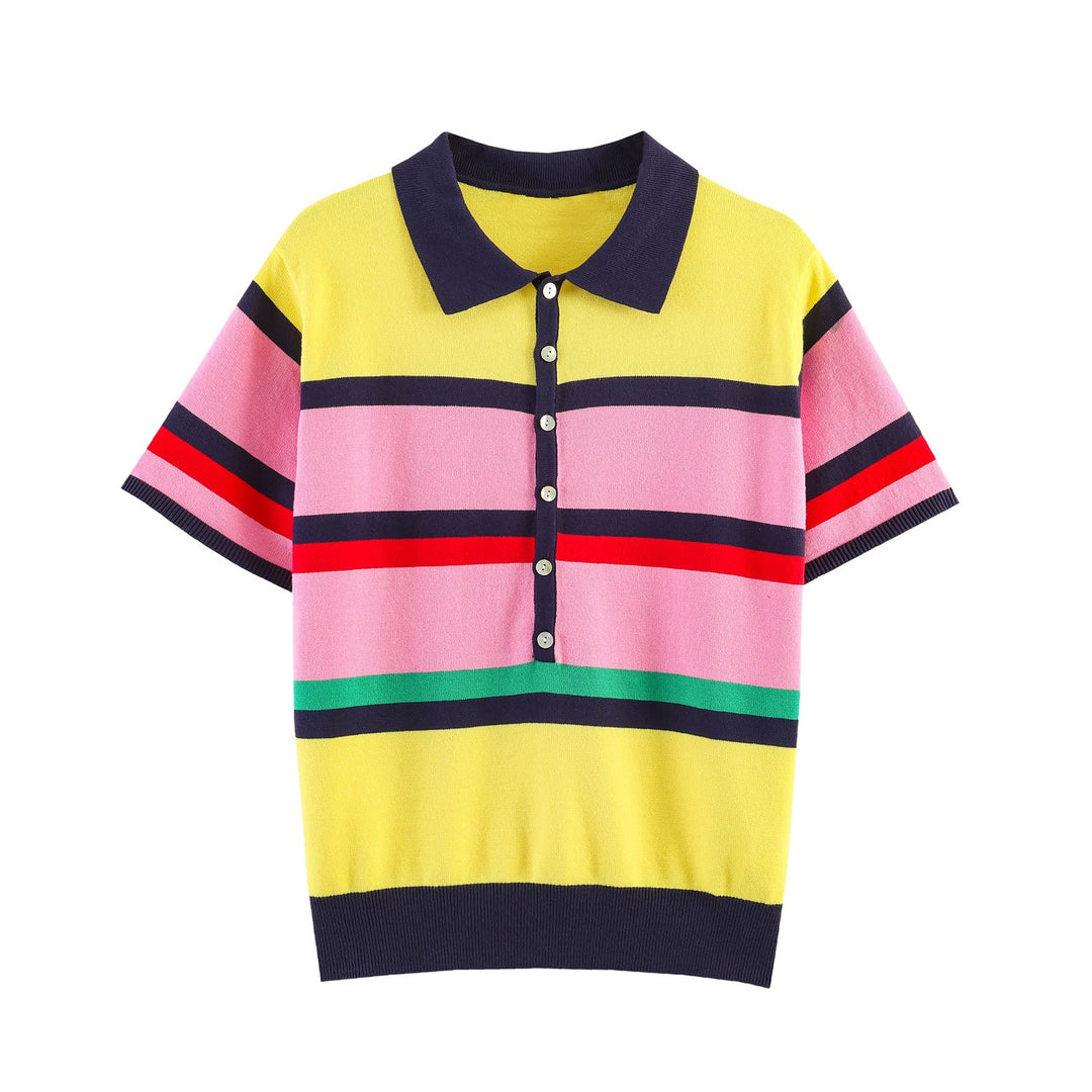 Dame kortärmad polo-shirt med färgglad randmönster Mirla-Eva Jonsson