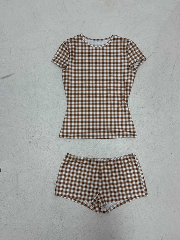 Dame kortärmad topp och shorts-set i rutigt mönster Mirla-Eva Jonsson