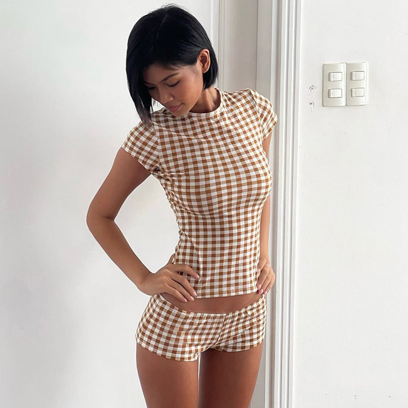 Dame kortärmad topp och shorts-set i rutigt mönster Mirla-Eva Jonsson