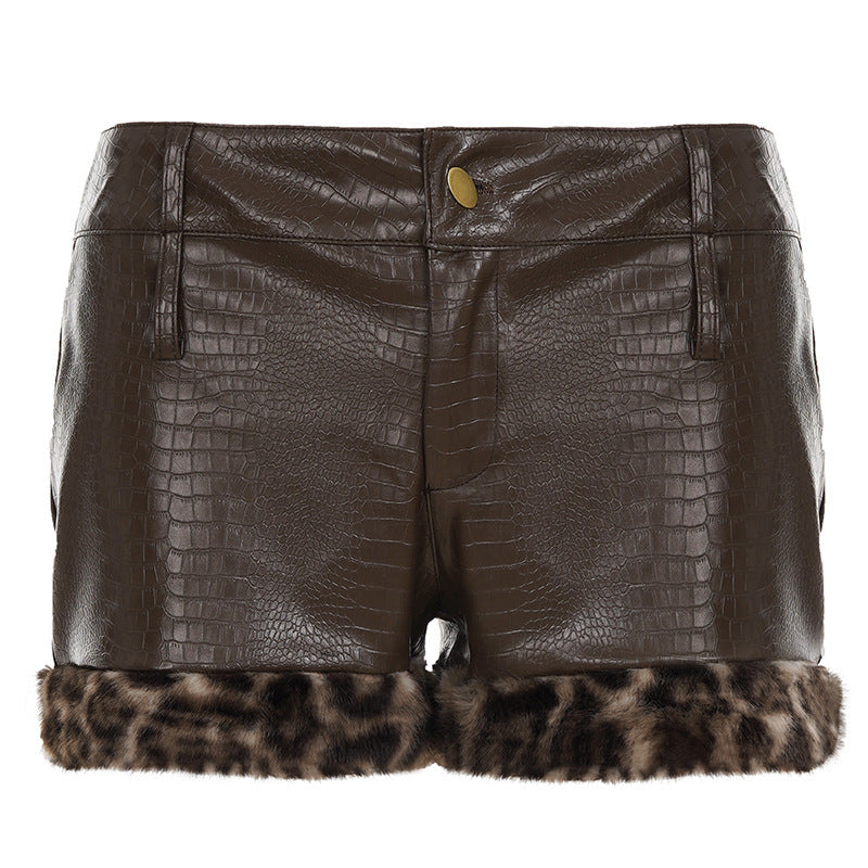 Dame läder shorts med leopard dekoration Mirla-Eva Jonsson