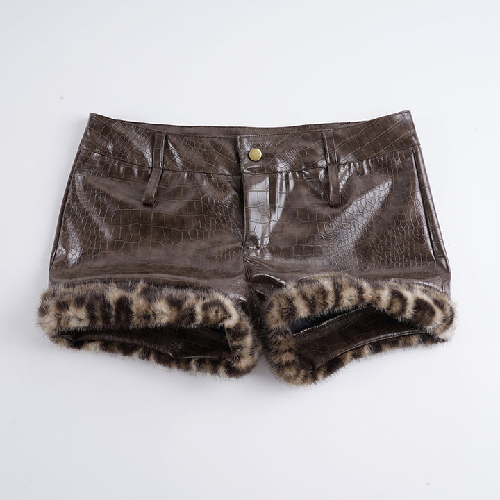 Dame läder shorts med leopard dekoration Mirla-Eva Jonsson