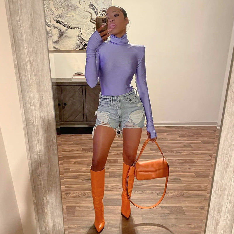Dame långärmad bodysuit med hög krage och eleganta rynkor Mirla-Eva Jonsson