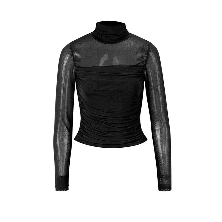 Dame långärmad tröja med elegant drapering och transparent design Mirla-Eva Jonsson