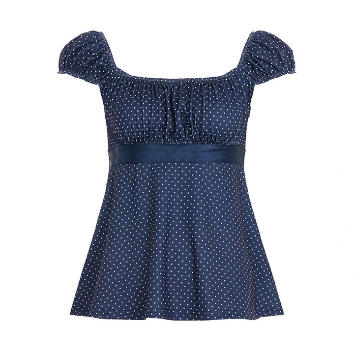 Dame luftig Polka-Dots blusenshirt med snygg volangkrage Mirla-Eva Jonsson
