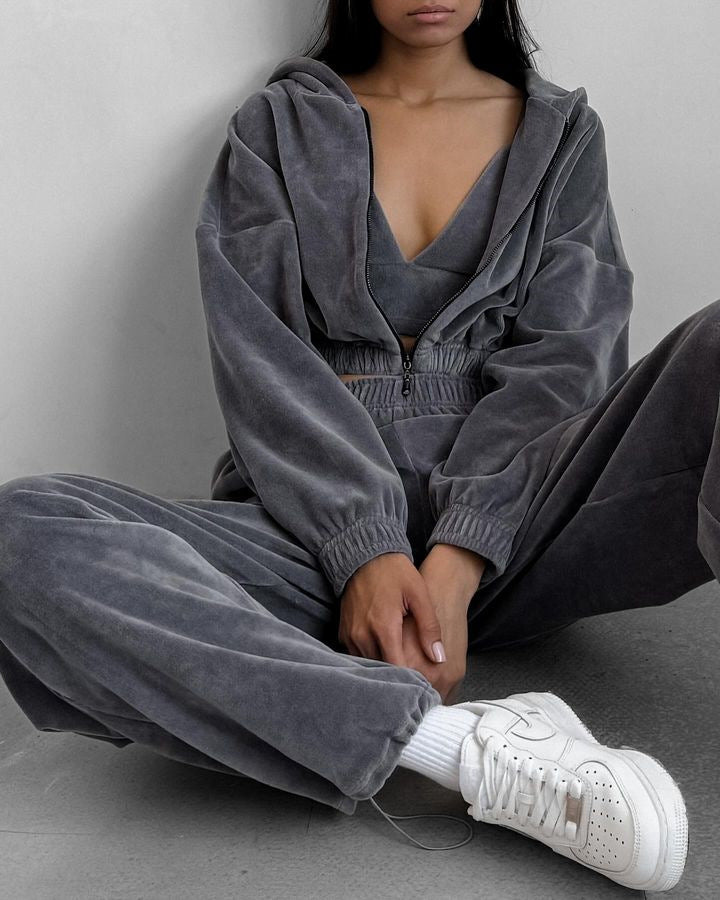 Dame lyxig velour loungedräkt med huva och dragkedja Eva Jonsson-Eva Jonsson