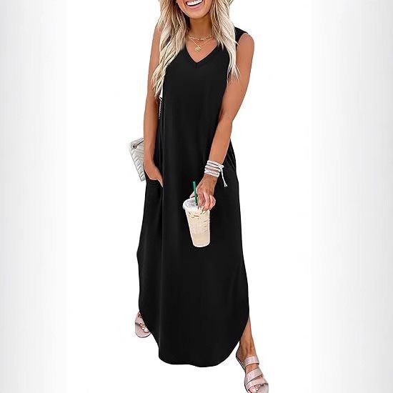 Dame maxi dress med modern V-udskæring og praktisk lomme design Mirla-Eva Jonsson