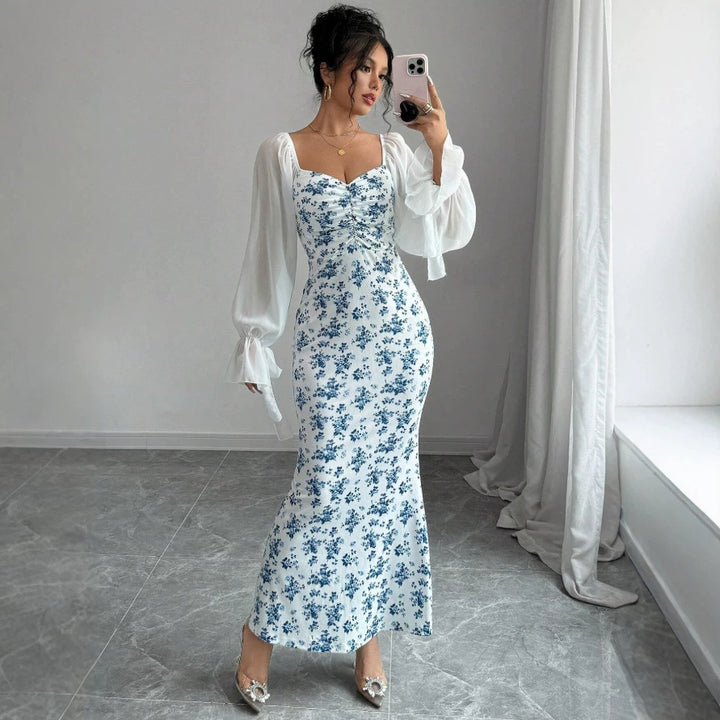 Dame maxikjol med blommönster och elegant chiffongöverkast Mirla-Eva Jonsson