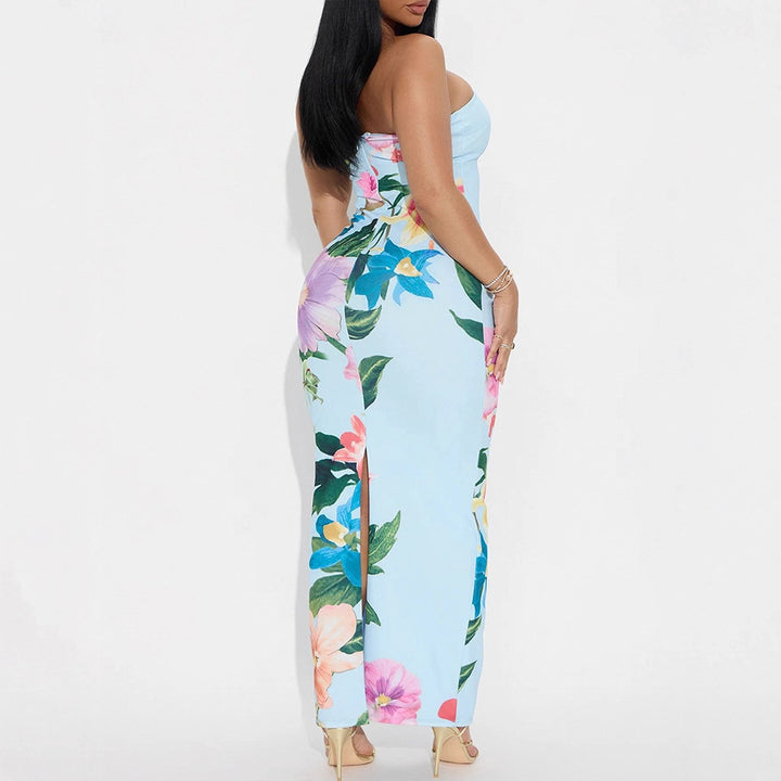 Dame maxiklänning i elegant bandeau-stil med blommönster Mirla-Eva Jonsson