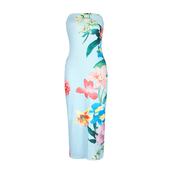 Dame maxiklänning i elegant bandeau-stil med blommönster Mirla-Eva Jonsson