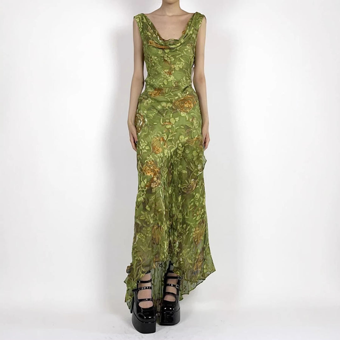 Dame maxiklänning med asymmetrisk fåll och blommönster Mirla-Eva Jonsson