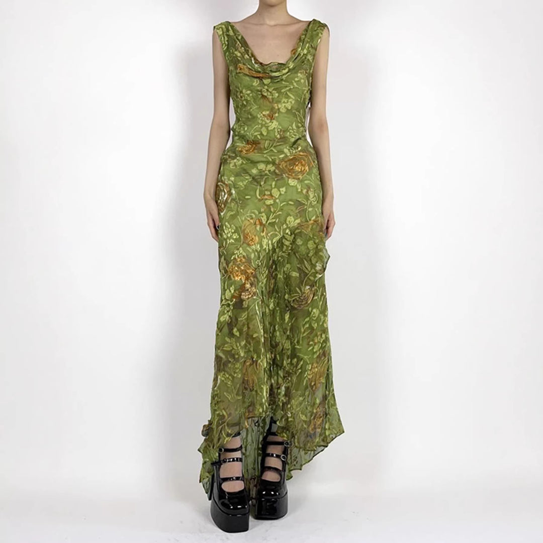 Dame maxiklänning med asymmetrisk fåll och blommönster Mirla-Eva Jonsson