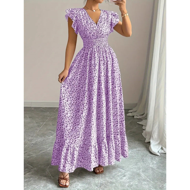 Dame maxiklänning med blommigt volangdesign och elastisk midjedel Mirla-Eva Jonsson