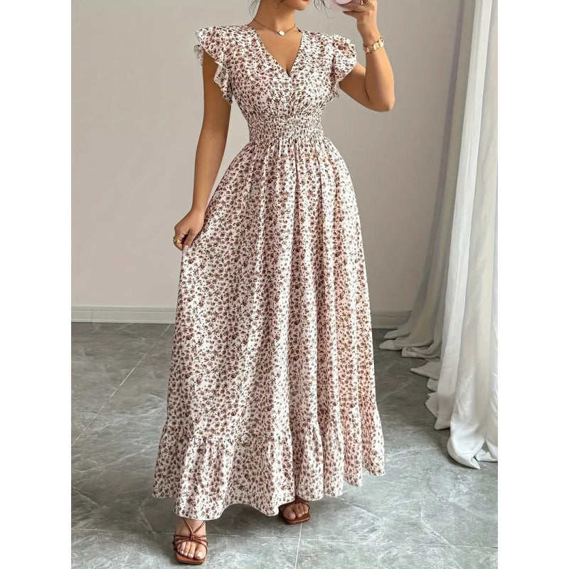 Dame maxiklänning med blommigt volangdesign och elastisk midjedel Mirla-Eva Jonsson