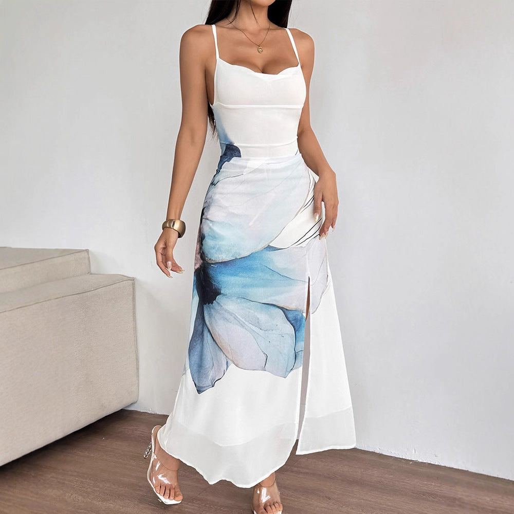 Dame maxiklänning med fint blommotiv och lekfulla spaghettiband Mirla-Eva Jonsson