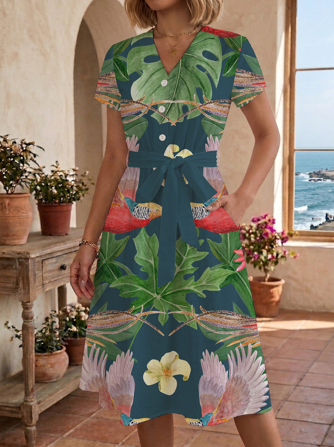 Dame midikleid med blommönster och midjebälte Mirla-Eva Jonsson