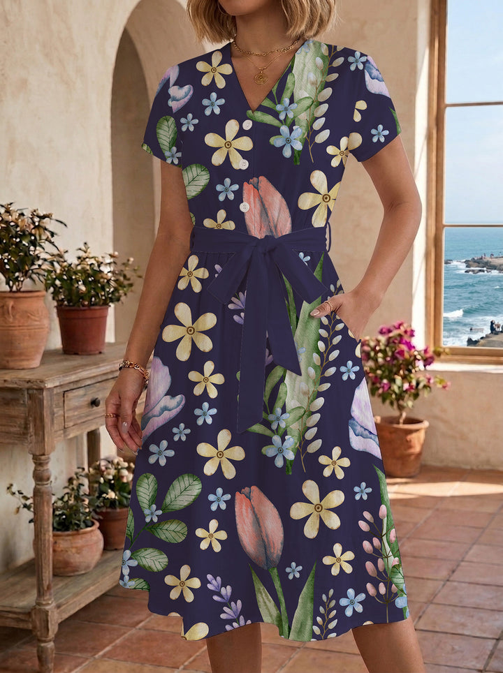 Dame midikleid med blommönster och midjebälte Mirla-Eva Jonsson