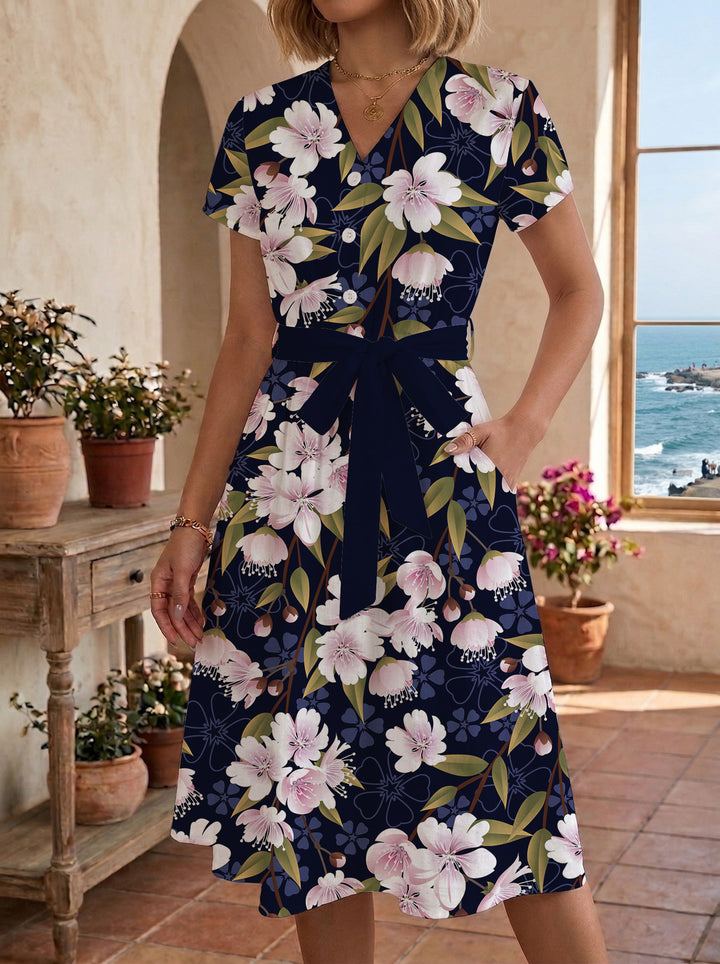 Dame midikleid med blommönster och midjebälte Mirla-Eva Jonsson