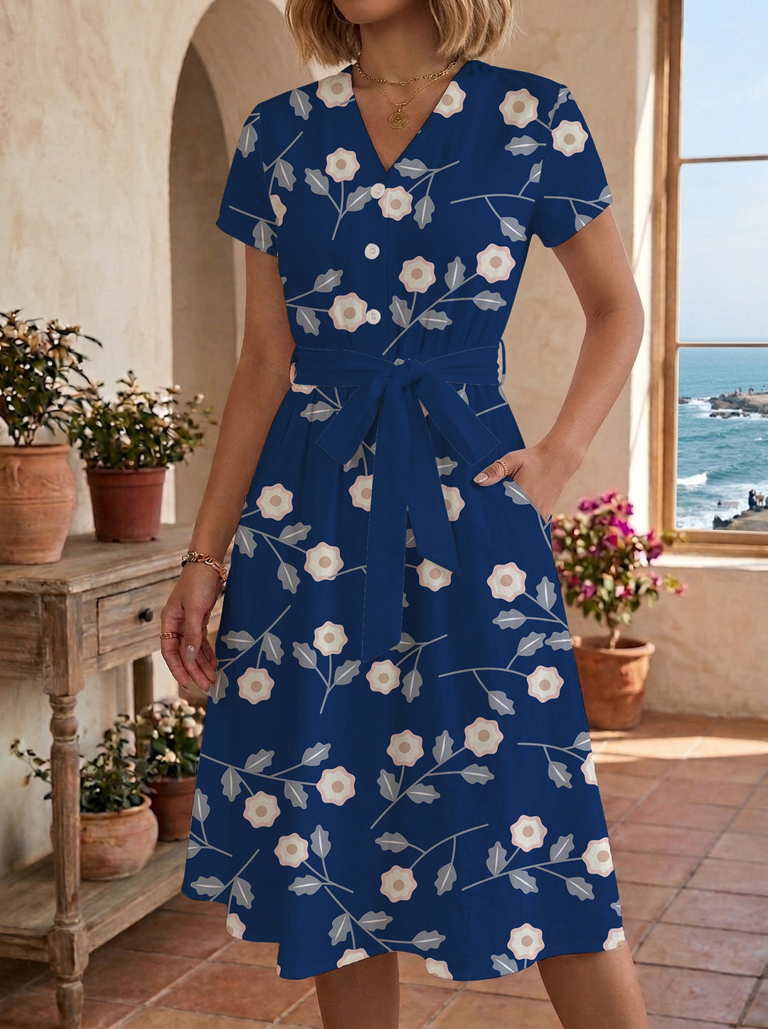 Dame midikleid med blommönster och midjebälte Mirla-Eva Jonsson