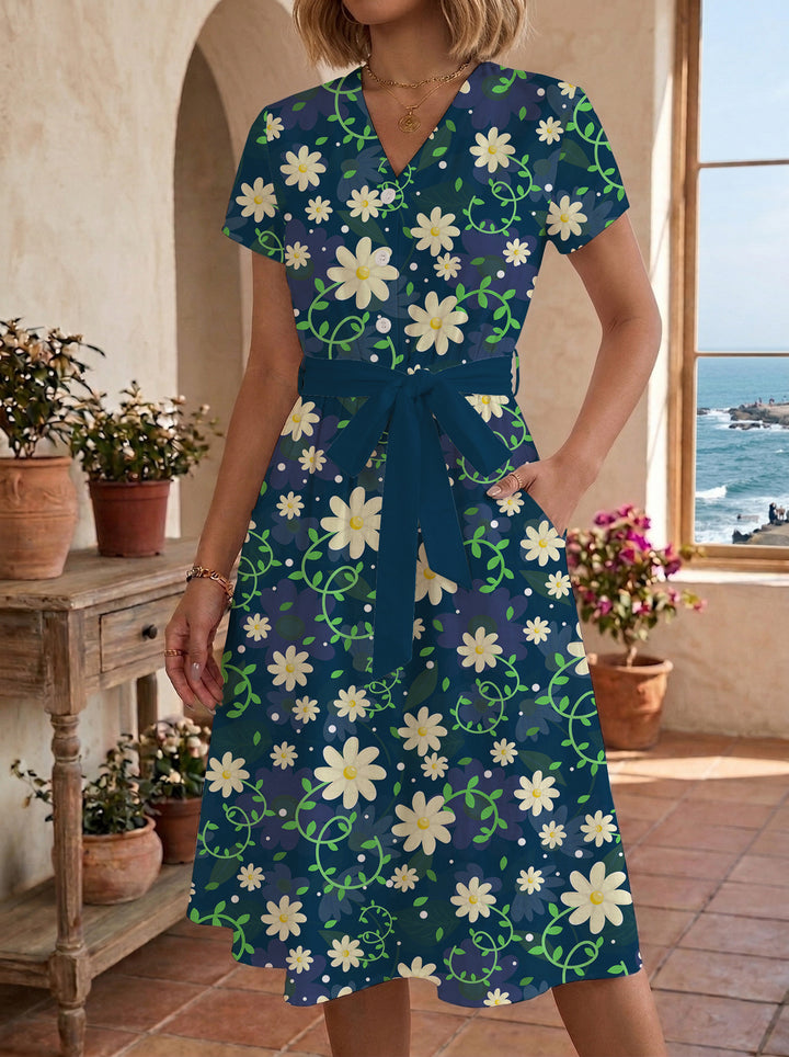 Dame midikleid med blommönster och midjebälte Mirla-Eva Jonsson