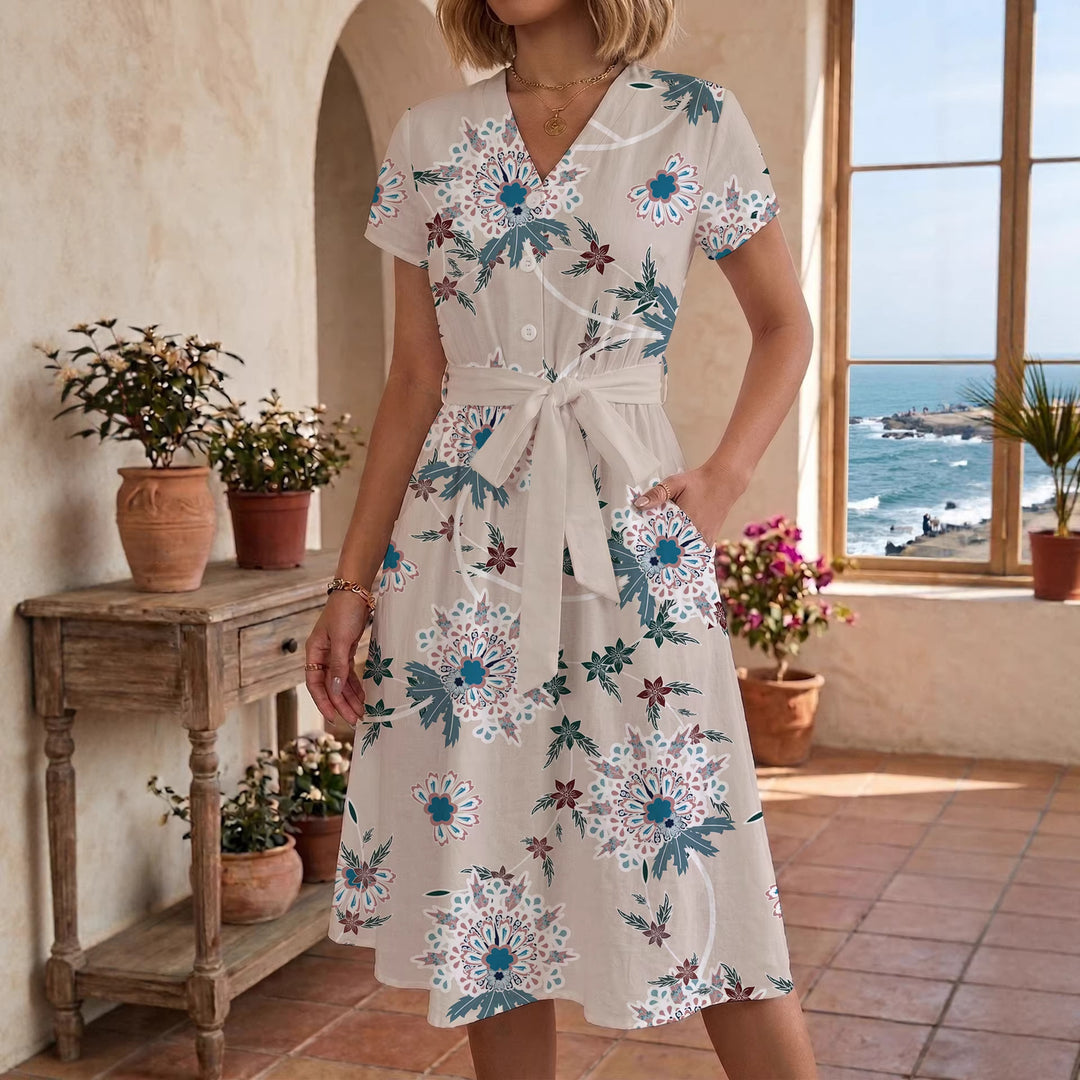 Dame midikleid med blommönster och midjebälte Mirla-Eva Jonsson