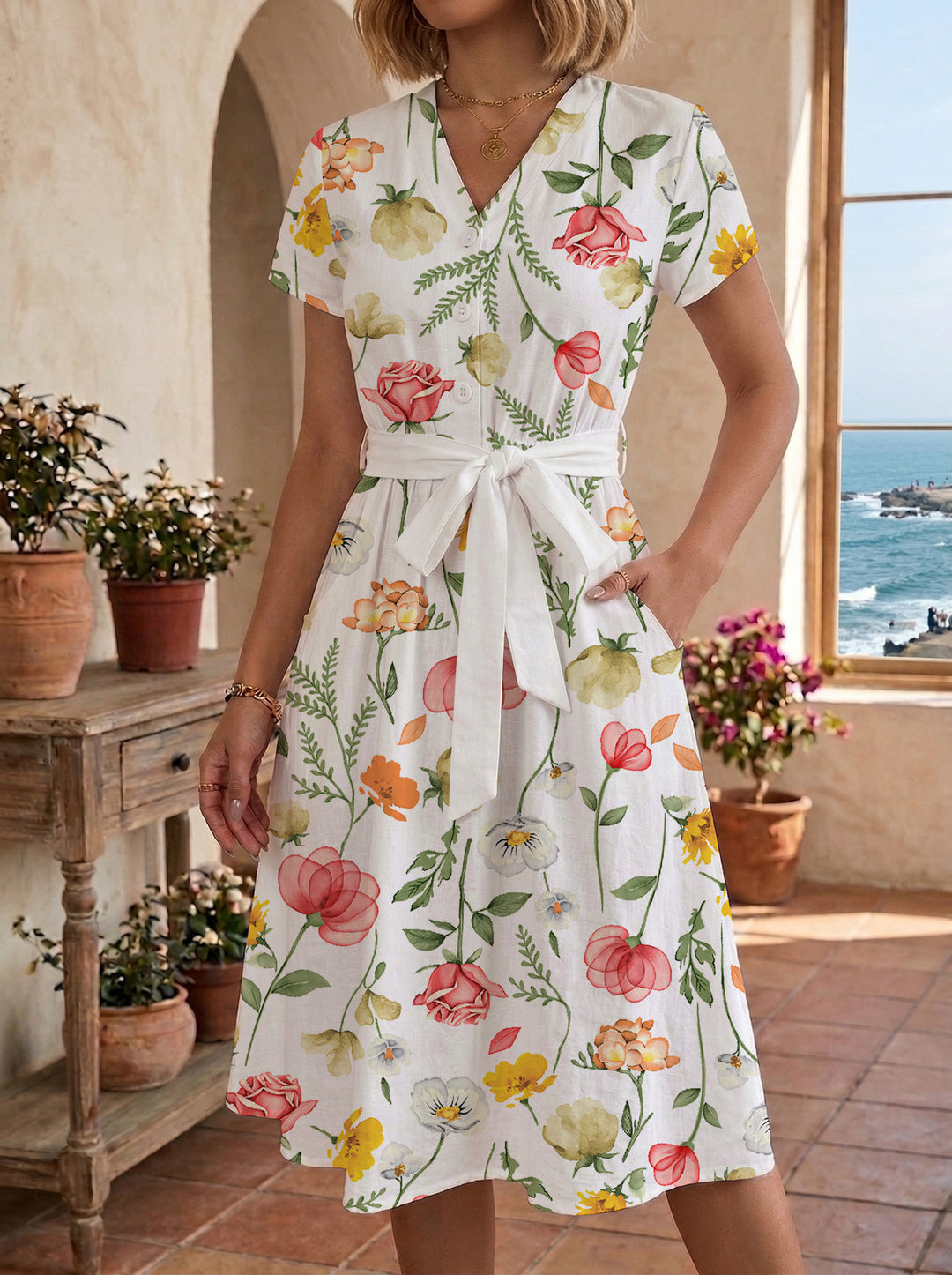 Dame midikleid med blommönster och midjebälte Mirla-Eva Jonsson