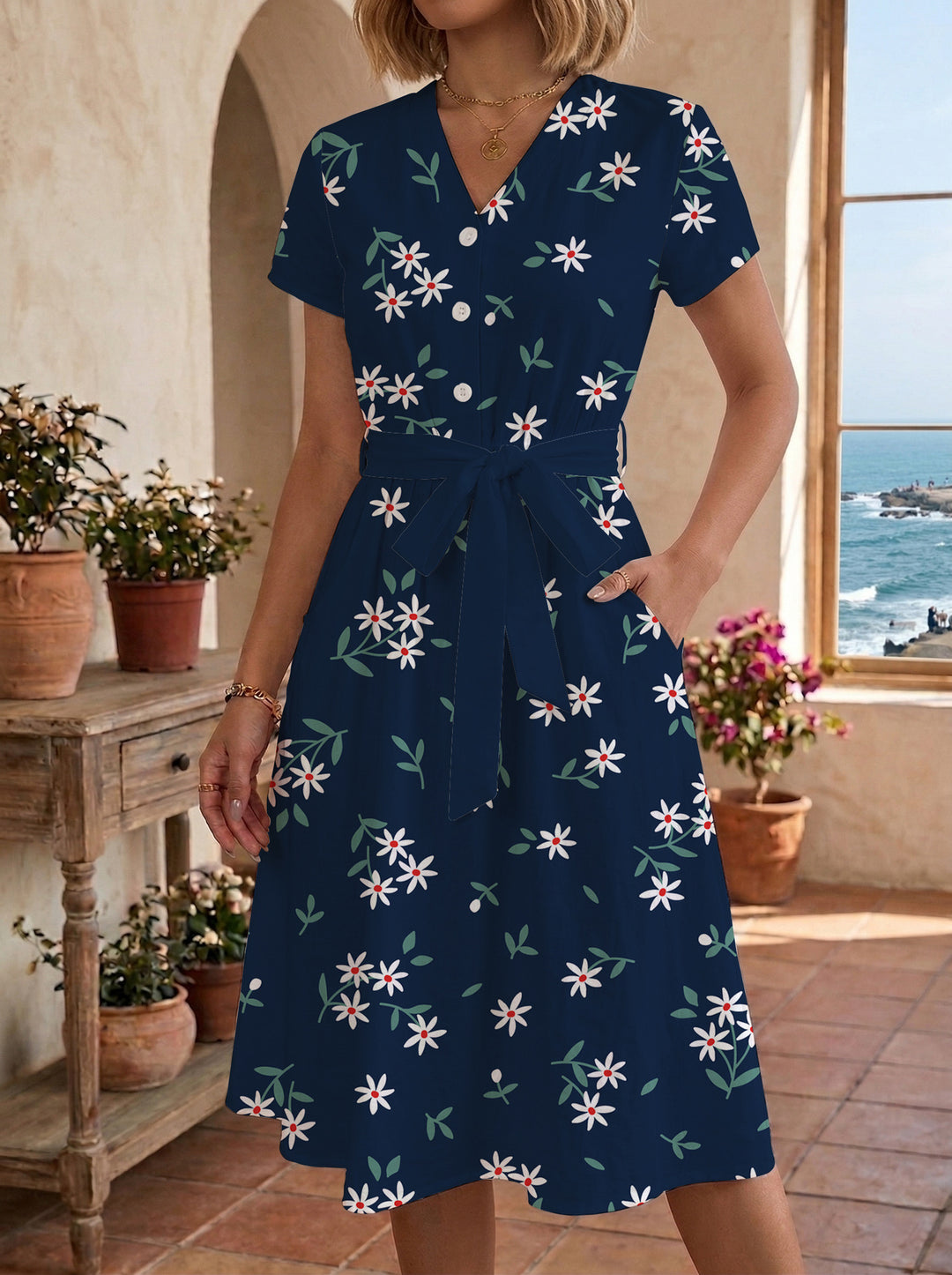 Dame midikleid med blommönster och midjebälte Mirla-Eva Jonsson
