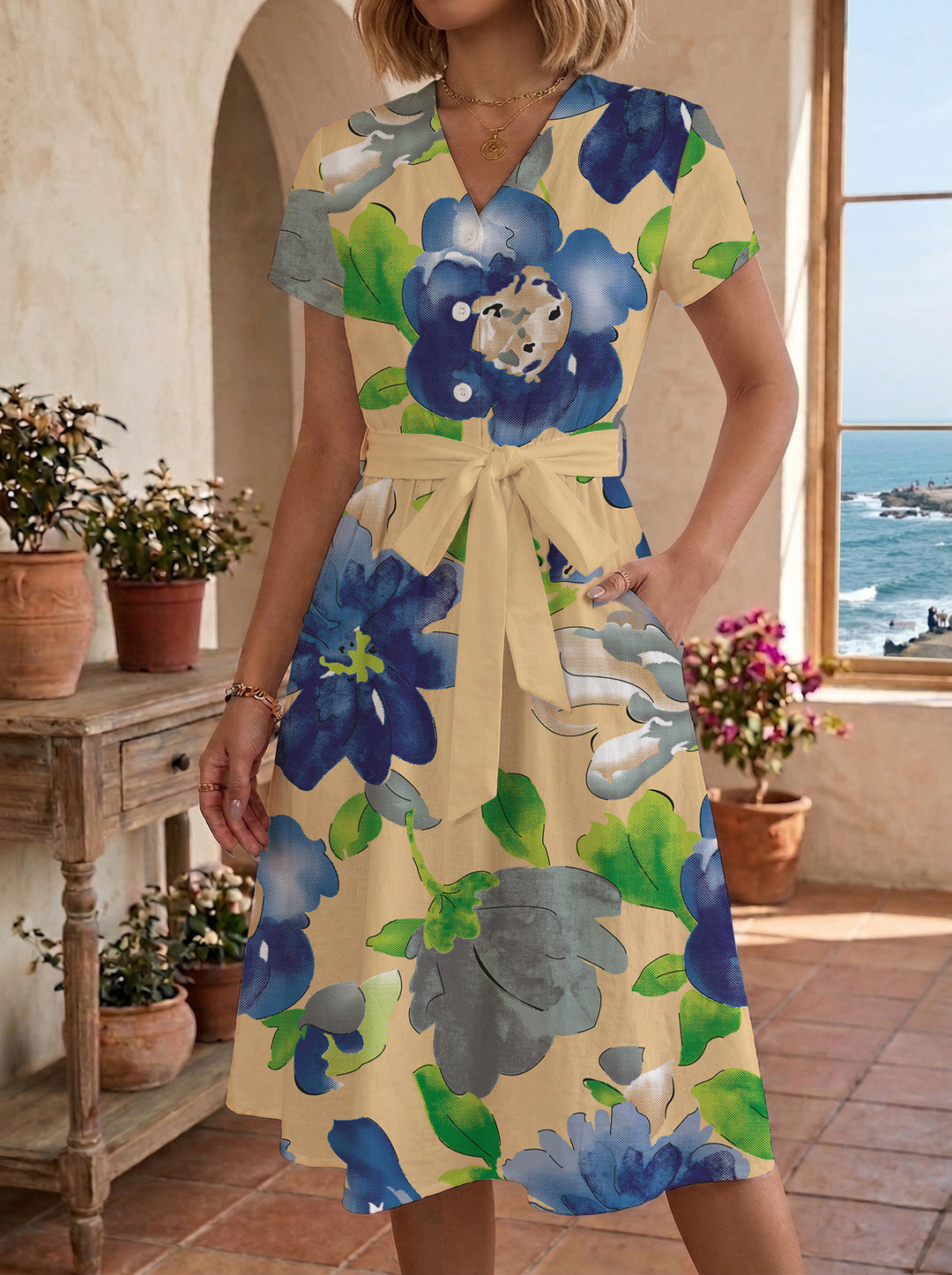 Dame midikleid med blommönster och midjebälte Mirla-Eva Jonsson