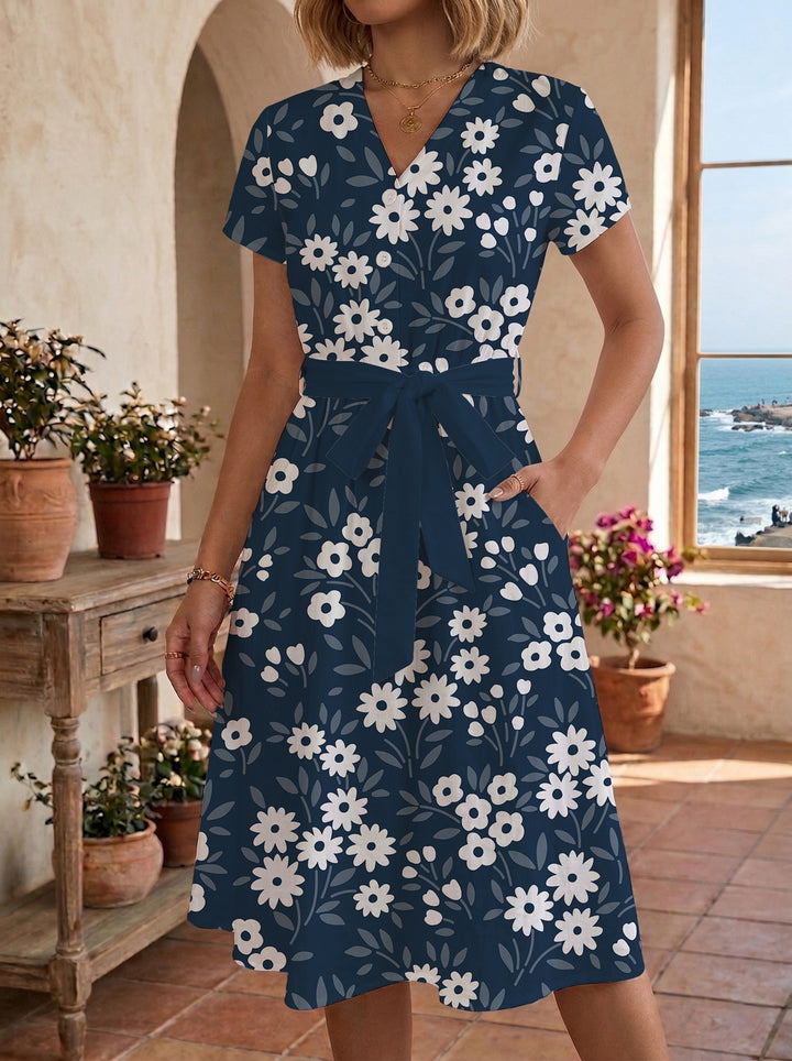 Dame midikleid med blommönster och midjebälte Mirla-Eva Jonsson