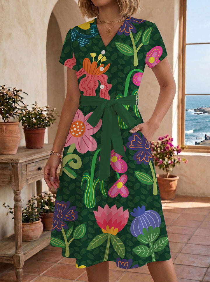Dame midikleid med blommönster och midjebälte Mirla-Eva Jonsson