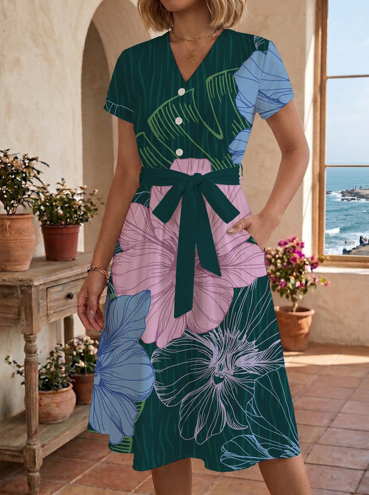 Dame midikleid med blommönster och midjebälte Mirla-Eva Jonsson