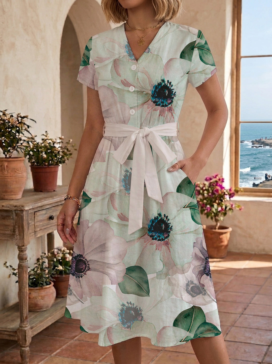 Dame midikleid med blommönster och midjebälte Mirla-Eva Jonsson
