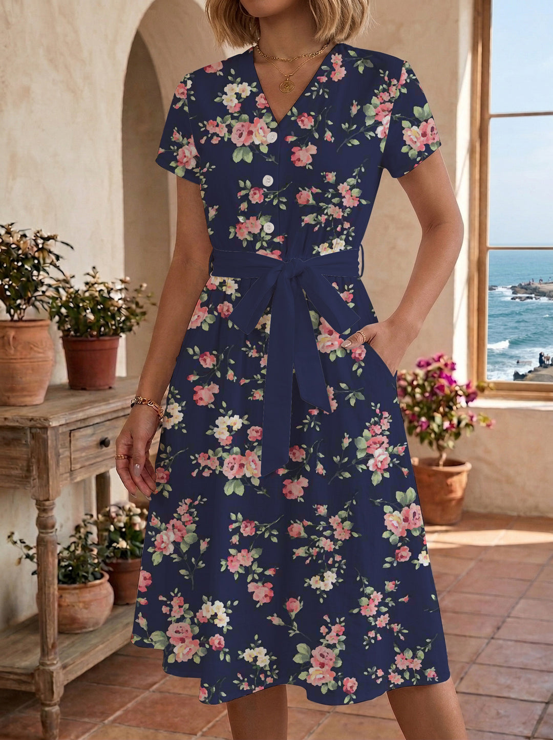 Dame midikleid med blommönster och midjebälte Mirla-Eva Jonsson