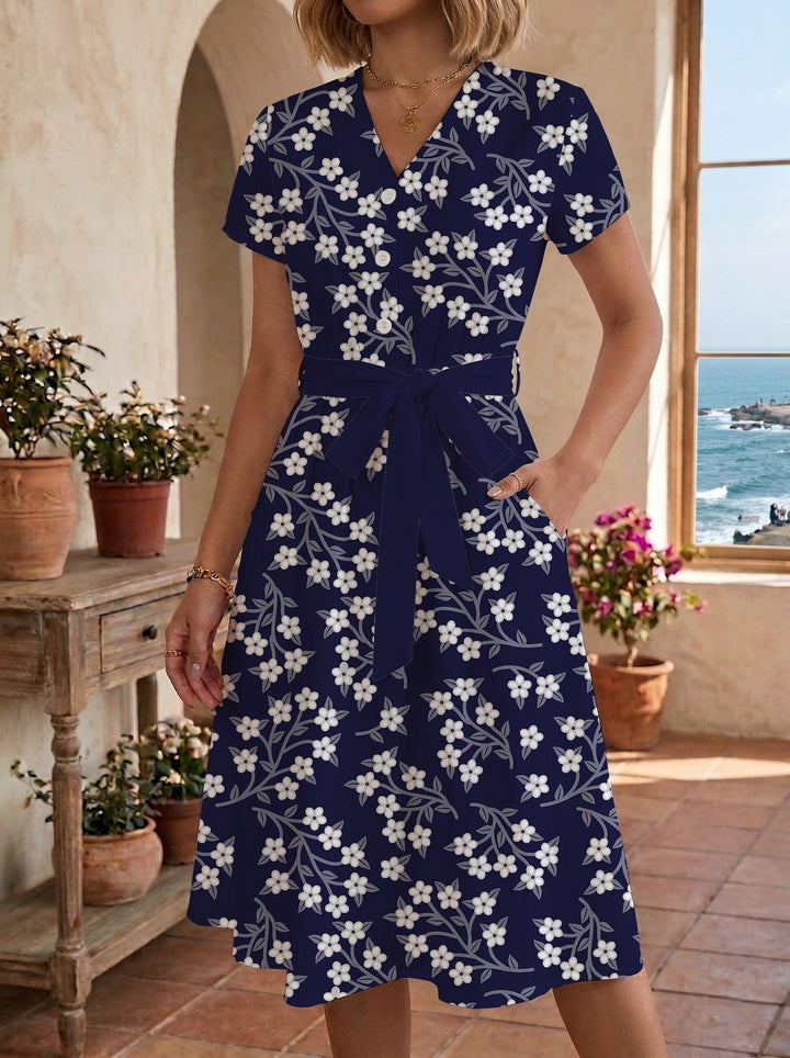Dame midikleid med blommönster och midjebälte Mirla-Eva Jonsson