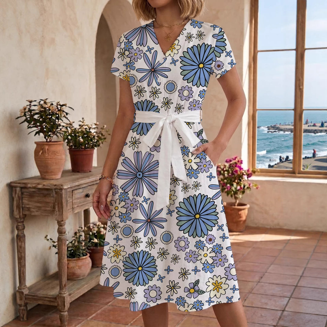 Dame midikleid med blommönster och midjebälte Mirla-Eva Jonsson