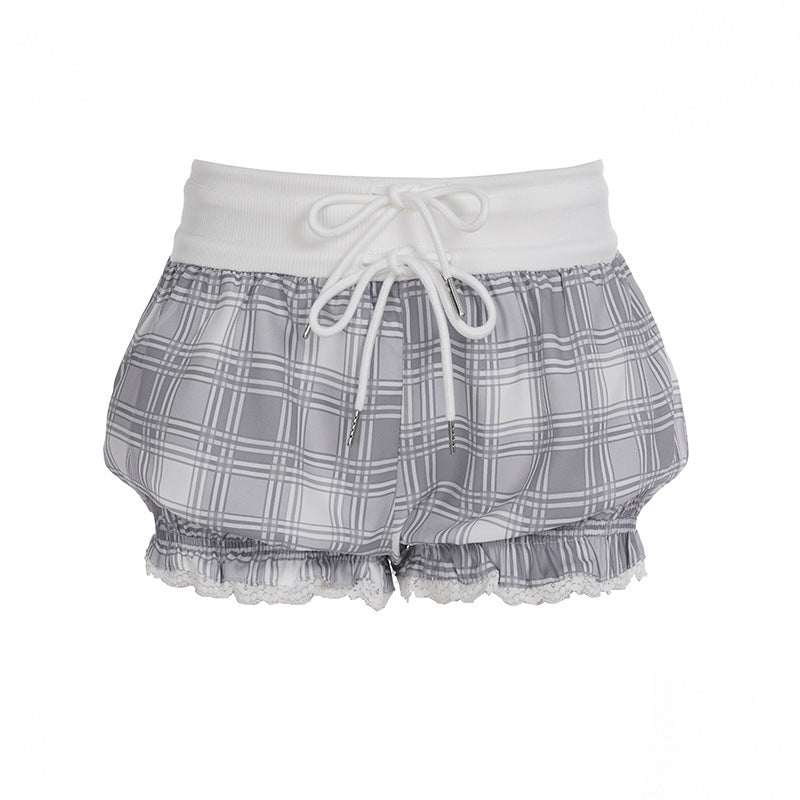 Dame mode rutigt tyg pyjamashorts med spets och elastisk midja Mirla-Eva Jonsson