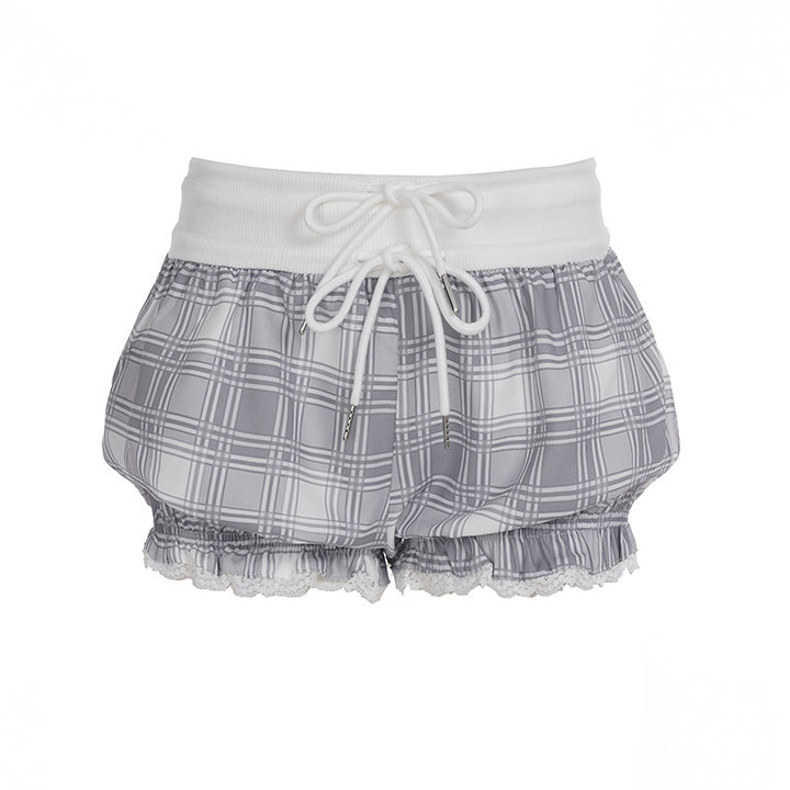 Dame mode rutigt tyg pyjamashorts med spets och elastisk midja Mirla-Eva Jonsson