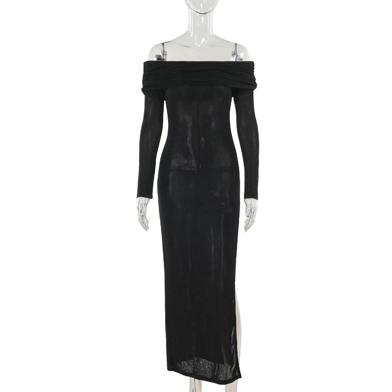 Dame off-shoulder maxiklänning med elegant drapering och transparent överdel Mirla-Eva Jonsson