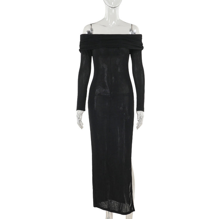 Dame off-shoulder maxiklänning med elegant drapering och transparent överdel Mirla-Eva Jonsson
