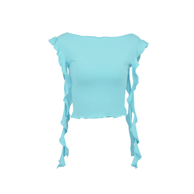 Dame off-shoulder topp med ruffle detaljer och figurnära passform Mirla-Eva Jonsson