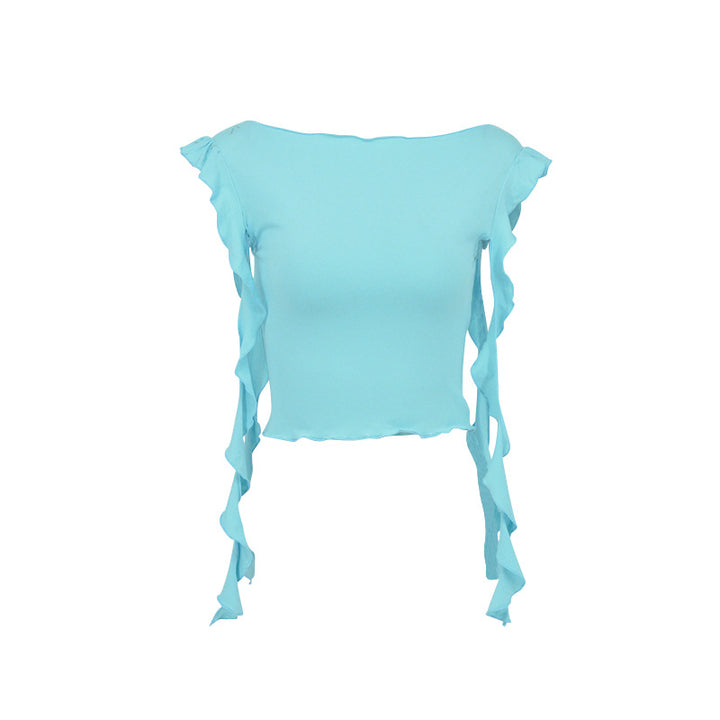 Dame off-shoulder topp med ruffle detaljer och figurnära passform Mirla-Eva Jonsson