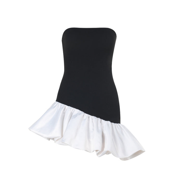Dame off-shoulder wrap dress with asymmetrical hem and color contrasting ruffle Mirla-Eva Jonsson