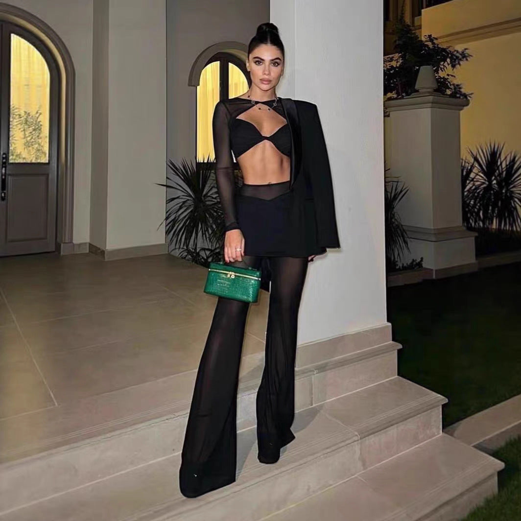 Dame outfit-set med långärmad topp och stiligt omslagsskjorta Mirla-Eva Jonsson