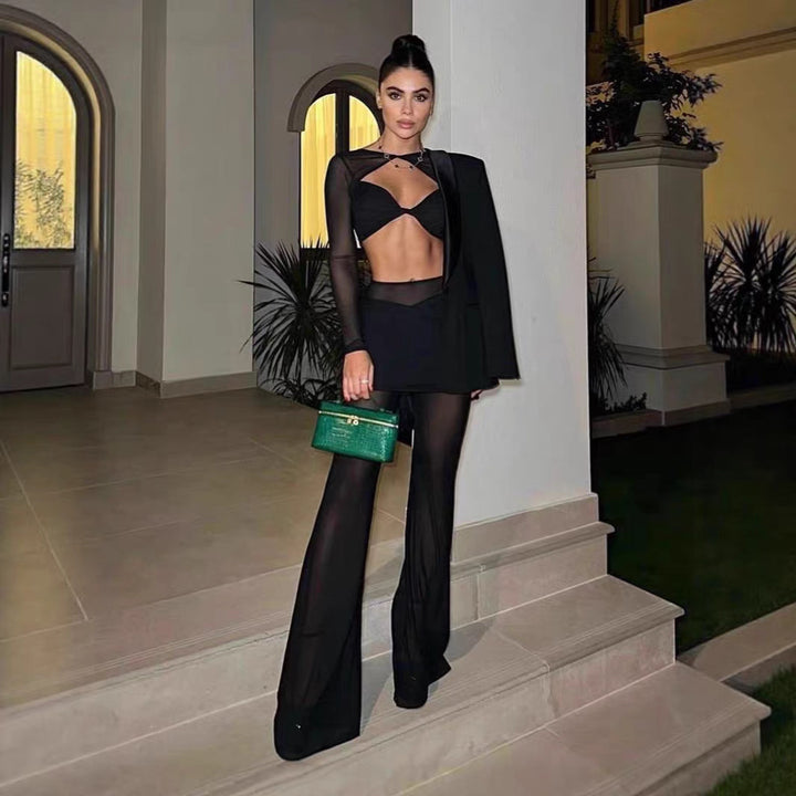 Dame outfit-set med långärmad topp och stiligt omslagsskjorta Mirla-Eva Jonsson
