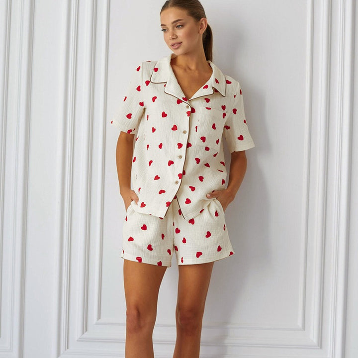 Dame pyjamasset med hjärtan och korta ärmar Mirla-Eva Jonsson