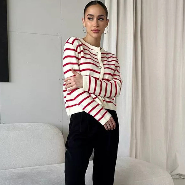 Dame randig cardigan med knapppdetaljer och mångsidig passform Eva Jonsson-Eva Jonsson