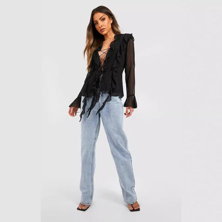 Dame ruffle shirt med eleganta snördetaljer och transparenta ärmar Mirla-Eva Jonsson