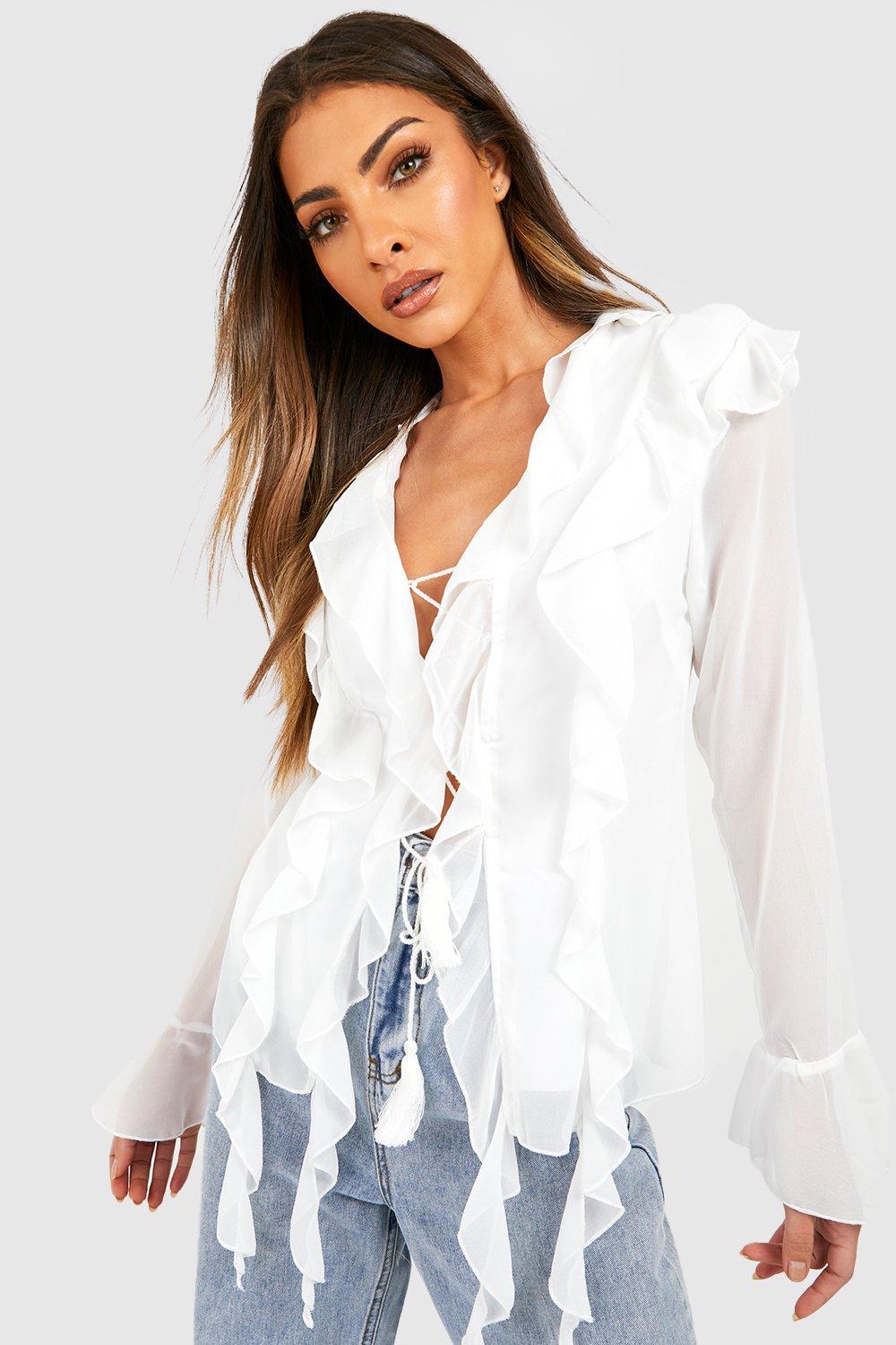 Dame ruffle shirt med eleganta snördetaljer och transparenta ärmar Mirla-Eva Jonsson