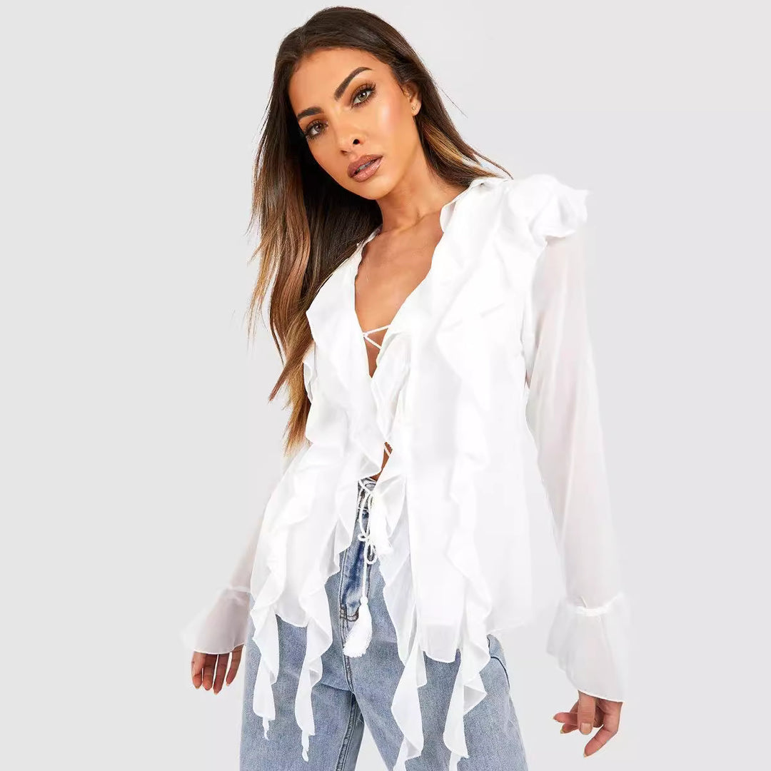 Dame ruffle shirt med eleganta snördetaljer och transparenta ärmar Mirla-Eva Jonsson