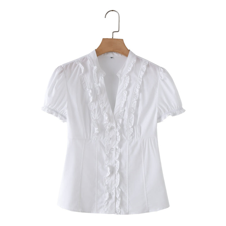 Dame ruffled shirt with elegant V-neck and fitted silhouette Mirla-Eva Jonsson
