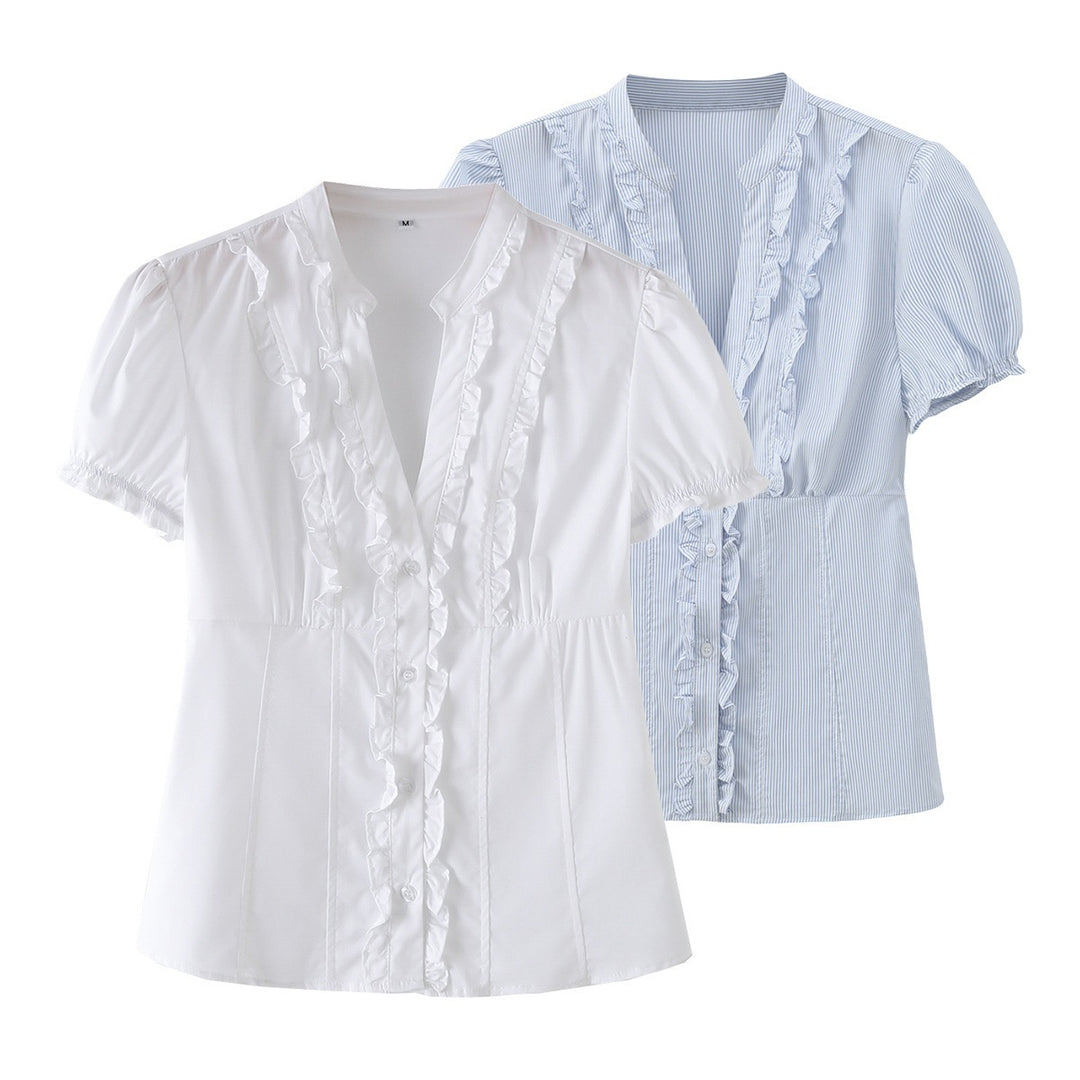 Dame ruffled shirt with elegant V-neck and fitted silhouette Mirla-Eva Jonsson